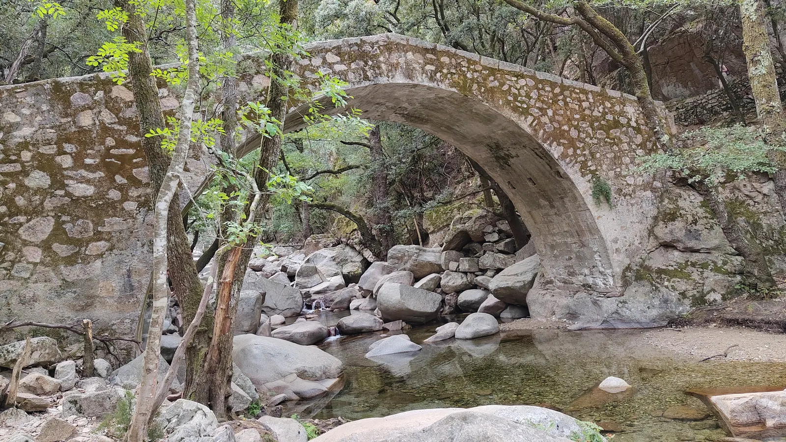 Le pont génois de Zaglia au-dessus de la rivière, dans les gorges de la Spelunca entre Ota et Évisa